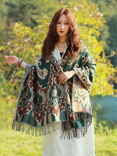 Women Ethnic Flower Tassel Shawl Scarf