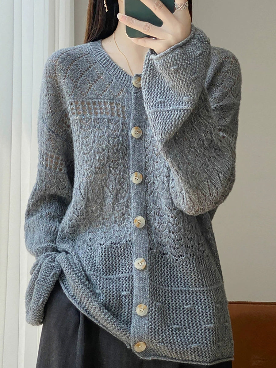 Women Autumn Artsy Pure Color O-Neck Knitted Sweater