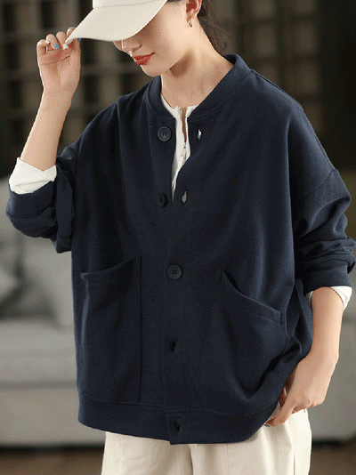 Women Autumn Pure Color O-Neck Cotton Coat