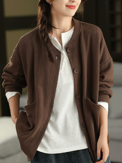 Women Autumn Pure Color O-Neck Cotton Coat