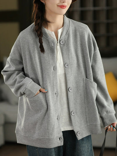 Women Autumn Pure Color O-Neck Cotton Coat