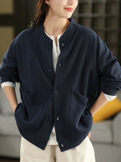 Women Autumn Pure Color O-Neck Cotton Coat