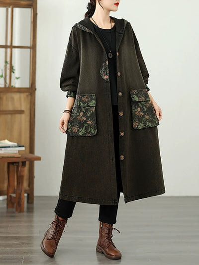 Women Autumn Denim Flower Spliced Hooded Coat