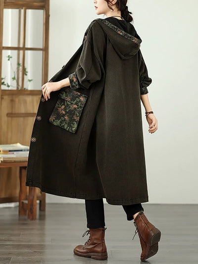 Women Autumn Denim Flower Spliced Hooded Coat