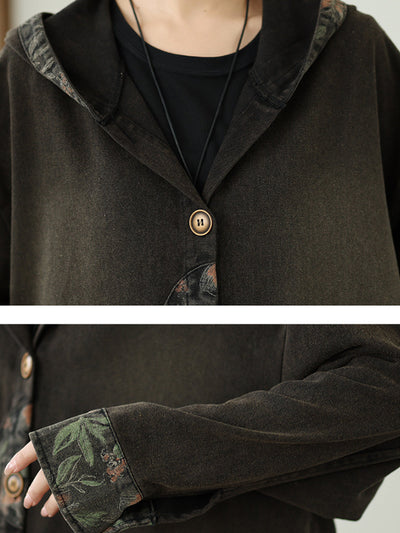 Women Autumn Denim Flower Spliced Hooded Coat