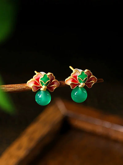 Women Ethnic Jade Flower Glaze Earrings
