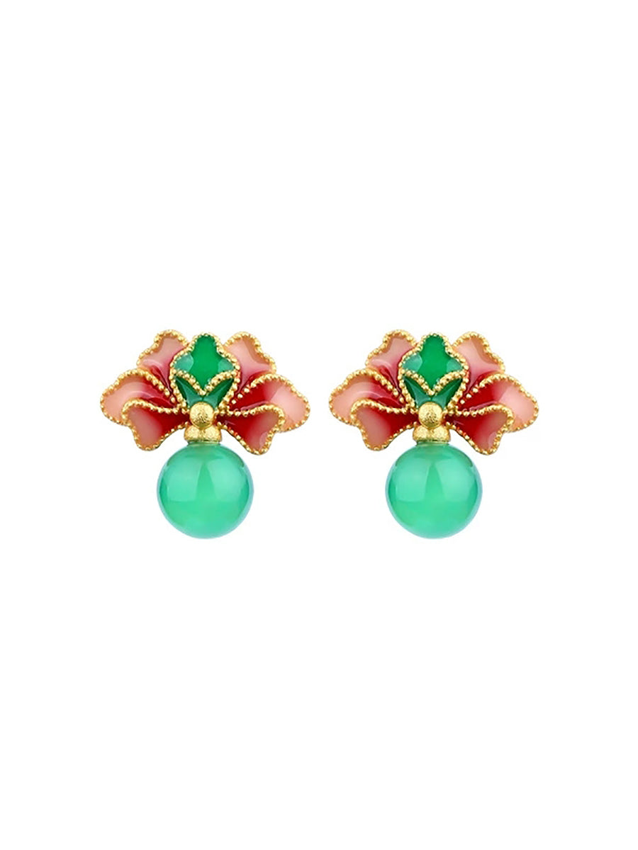 Women Ethnic Jade Flower Glaze Earrings