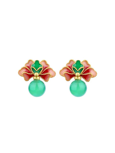 Women Ethnic Jade Flower Glaze Earrings