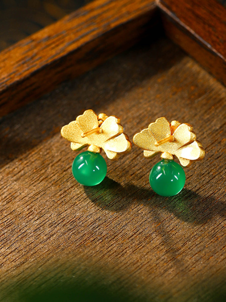 Women Ethnic Jade Flower Glaze Earrings