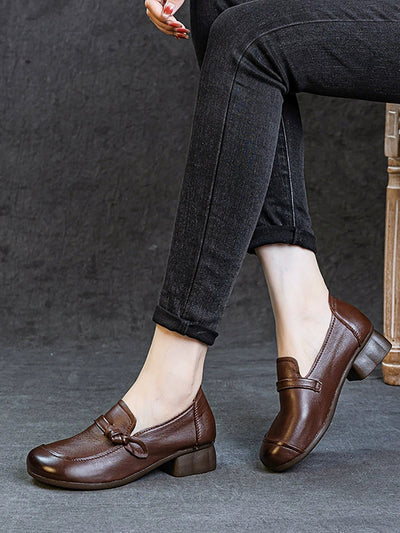 Women Vintage Genuine Leather Mid-Heel Shoes