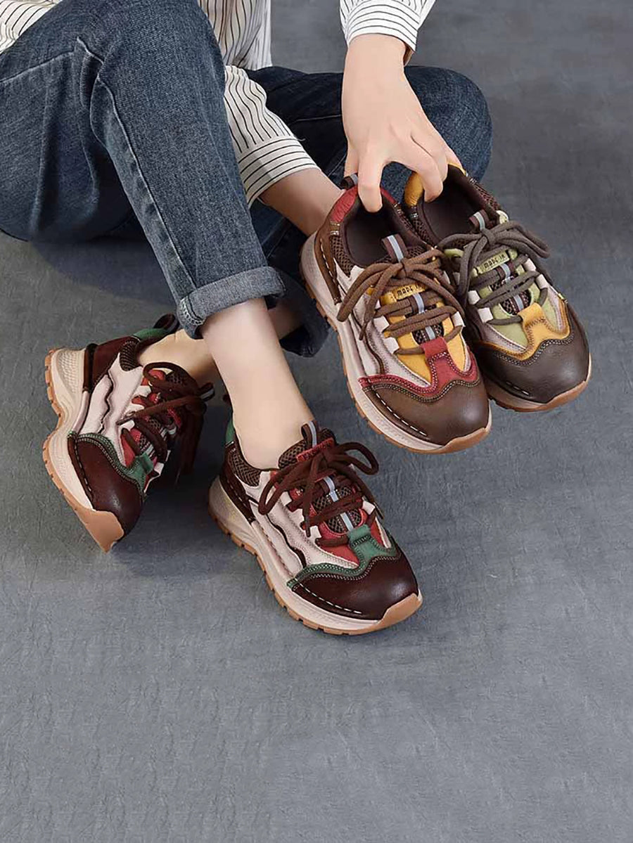 Women Retro Colorblock Leather Sport Platform Shoes