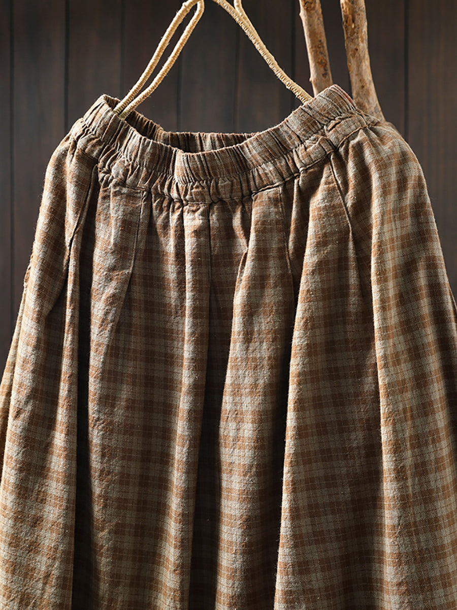 Women Autumn Plaid A-Shape Lace Spliced 100%Cotton Skirt