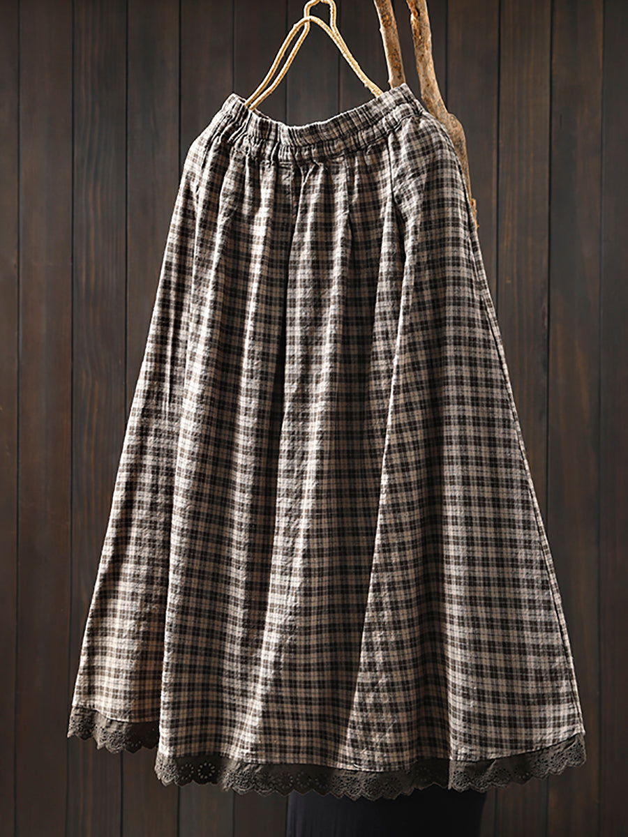 Women Autumn Plaid A-Shape Lace Spliced 100%Cotton Skirt