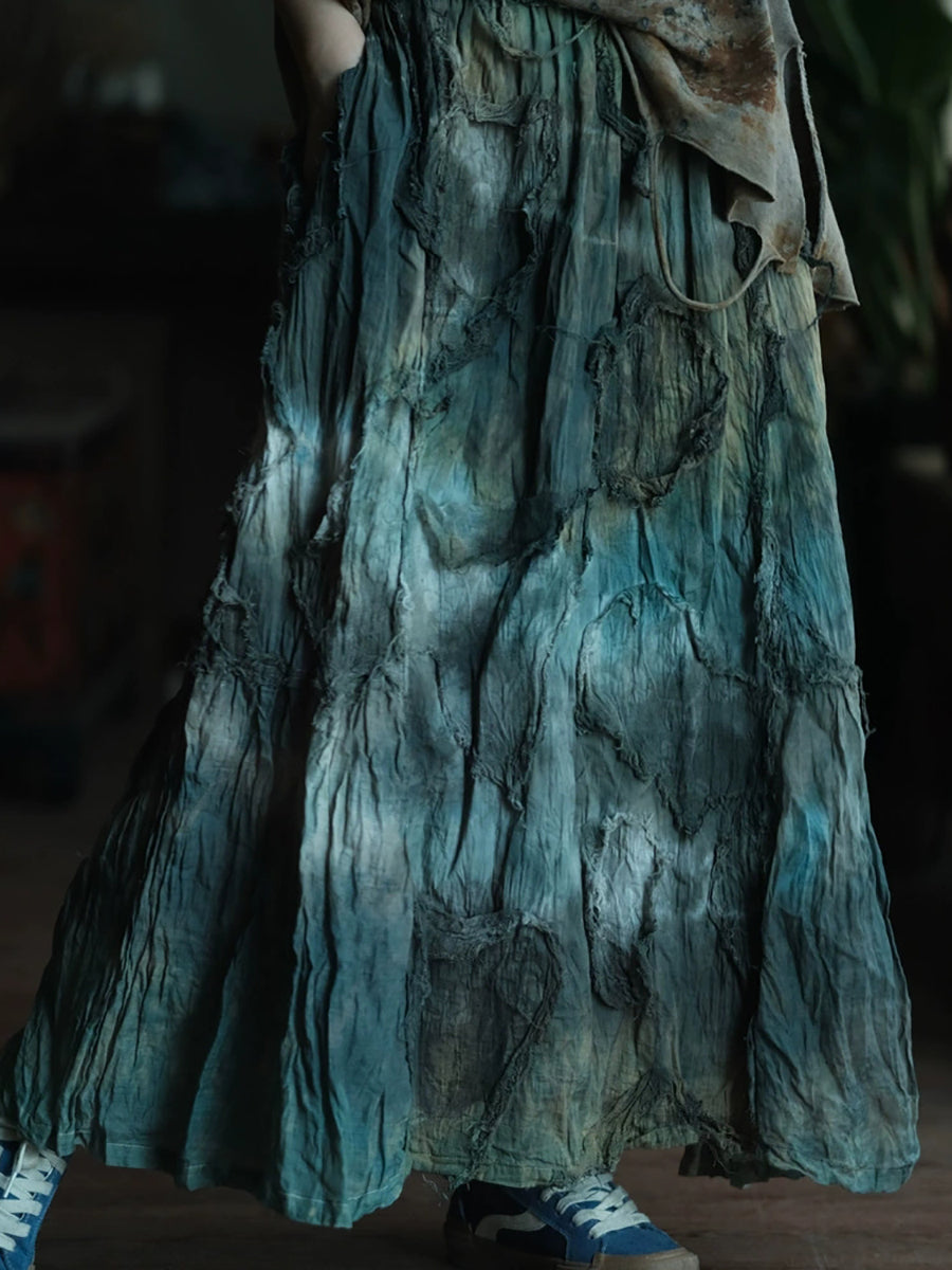 Women Autumn Retro Tie-dye Linen Cotton Skirt