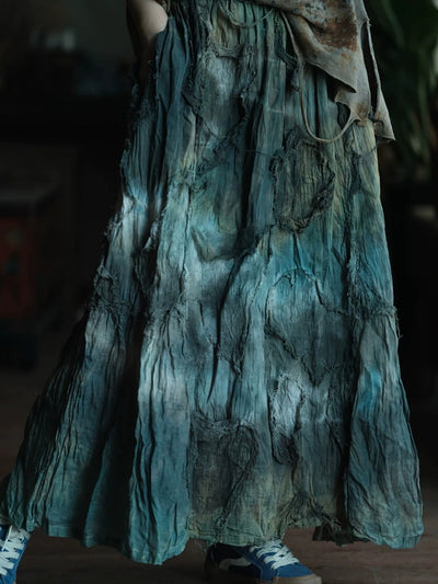 Women Autumn Retro Tie-dye Linen Cotton Skirt
