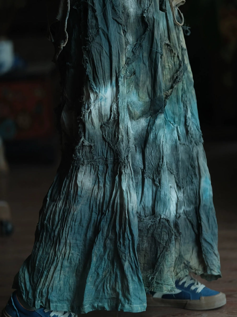 Women Autumn Retro Tie-dye Linen Cotton Skirt