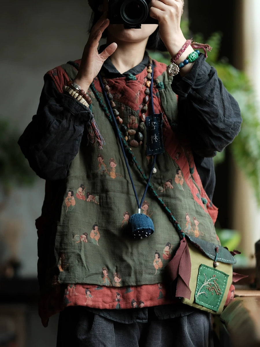 Women Autumn Retro Print Spliced O-Neck 100%Cotton Vest