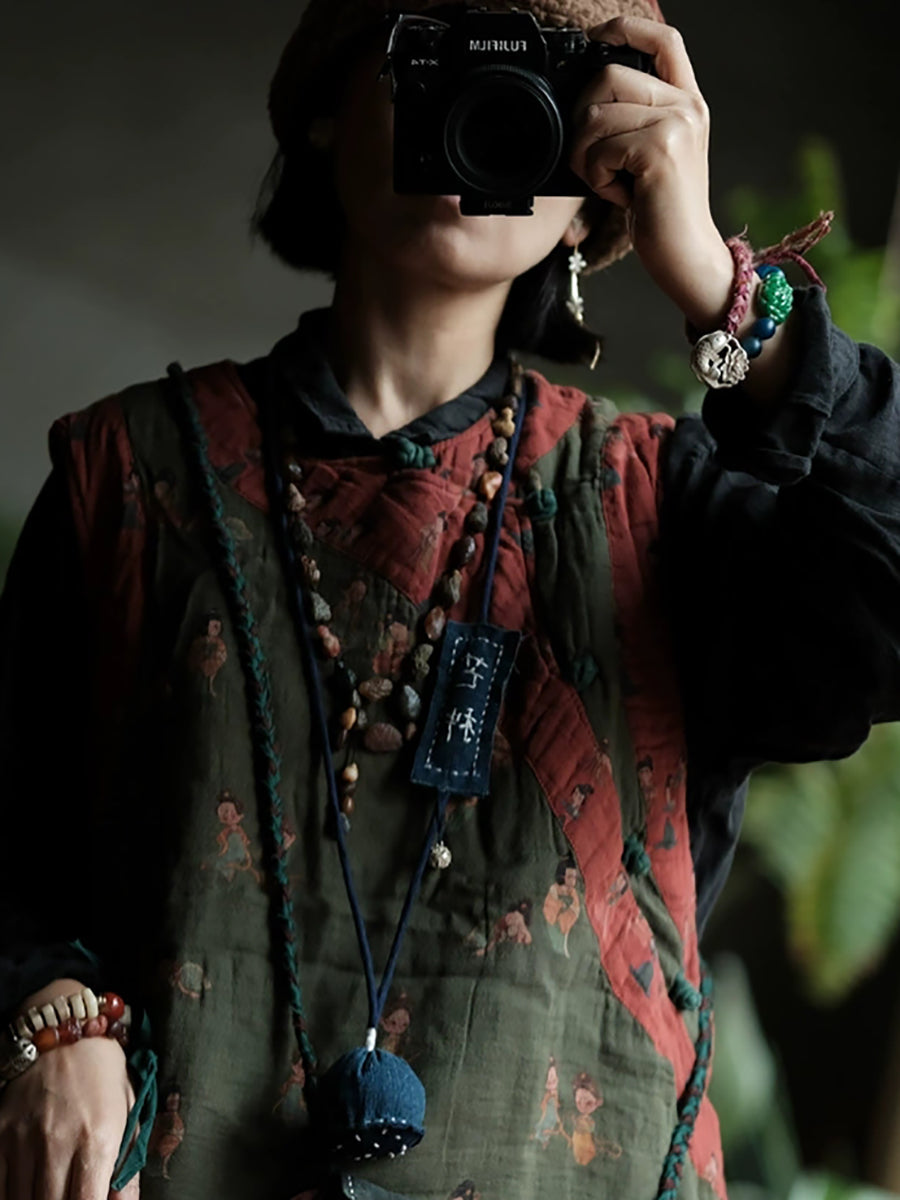 Women Autumn Retro Print Spliced O-Neck 100%Cotton Vest