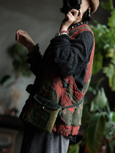 Women Autumn Retro Print Spliced O-Neck 100%Cotton Vest