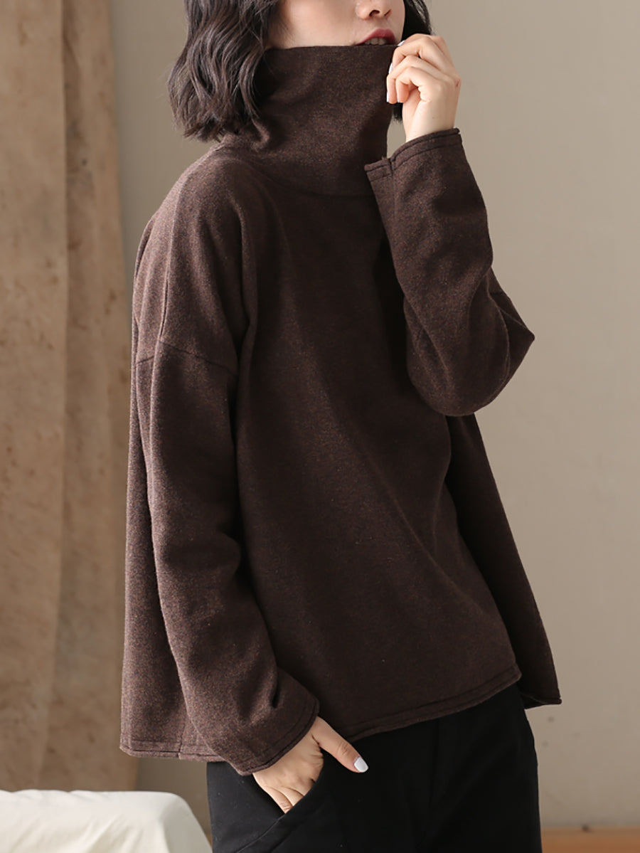 Women Autumn Casual Pure Color 100%Cotton Turtleneck Shirt
