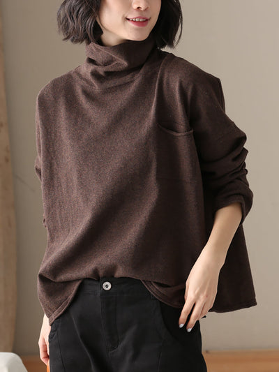 Women Autumn Casual Pure Color 100%Cotton Turtleneck Shirt