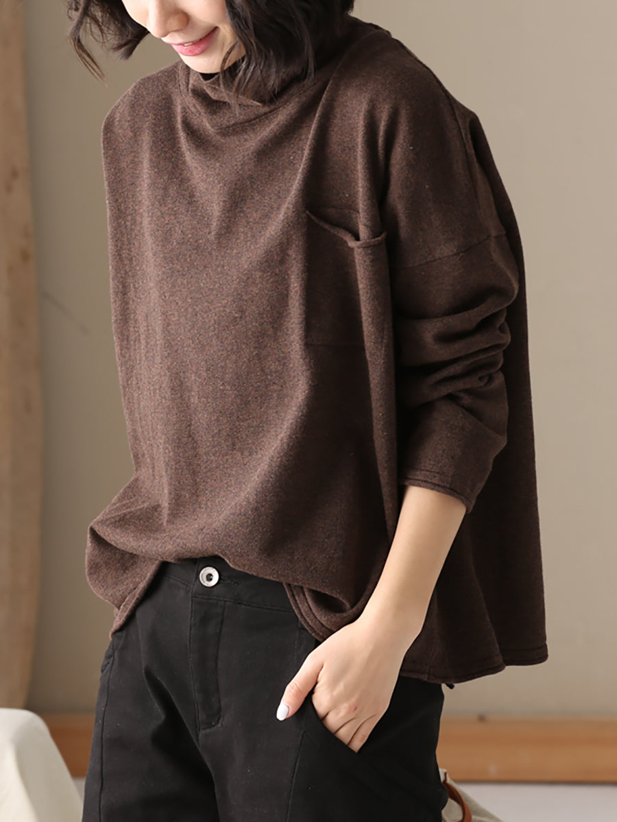 Women Autumn Casual Pure Color 100%Cotton Turtleneck Shirt