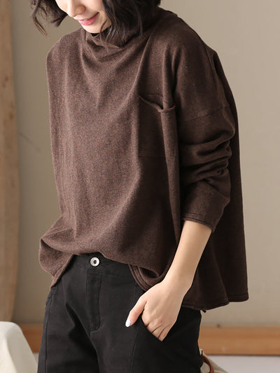 Women Autumn Casual Pure Color 100%Cotton Turtleneck Shirt