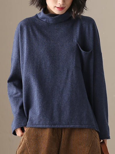 Women Autumn Casual Pure Color 100%Cotton Turtleneck Shirt