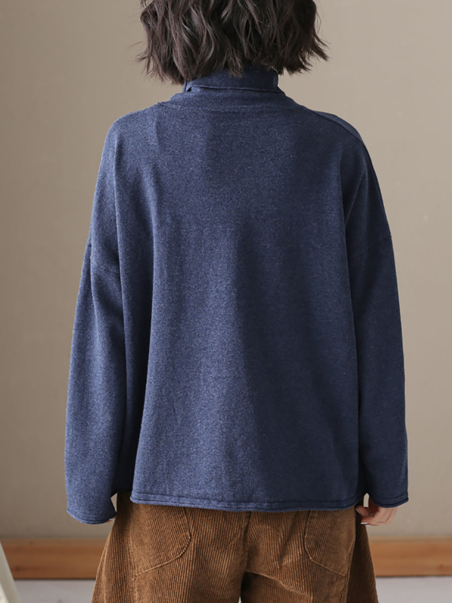 Women Autumn Casual Pure Color 100%Cotton Turtleneck Shirt