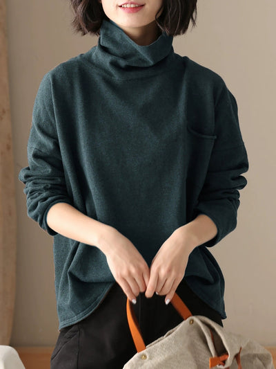 Women Autumn Casual Pure Color 100%Cotton Turtleneck Shirt