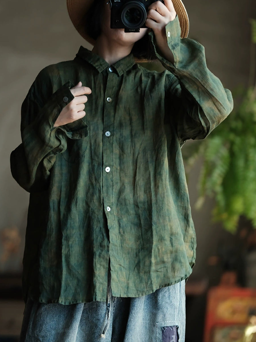 Women Vintage Tie-dye Ramie Turn-down Collar Shirt