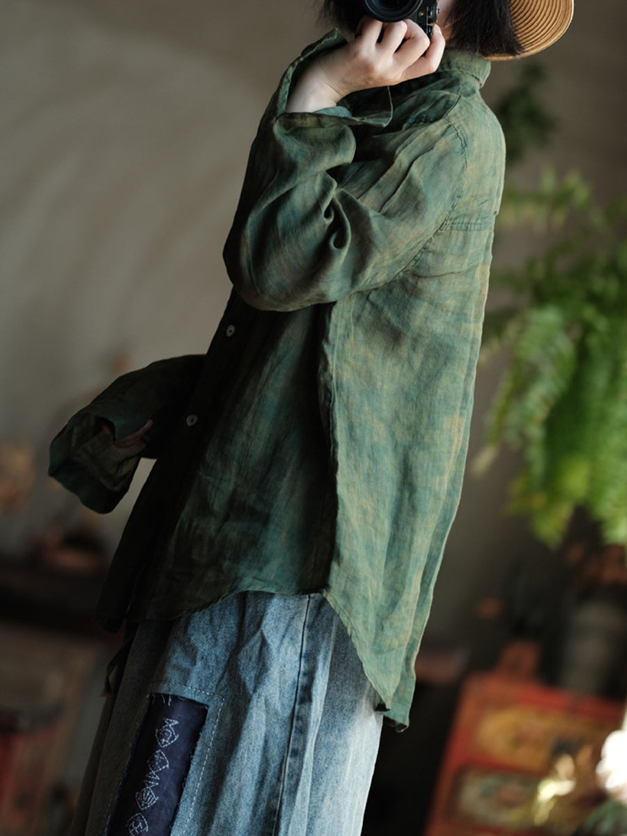 Women Vintage Tie-dye Ramie Turn-down Collar Shirt