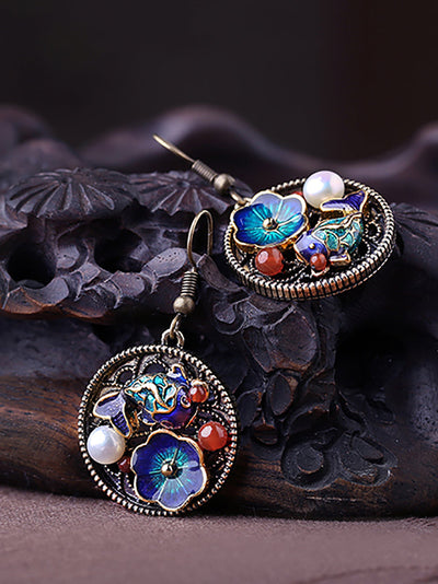 Ethnic S925Silver Pearl Cloisonne Agate Earrings