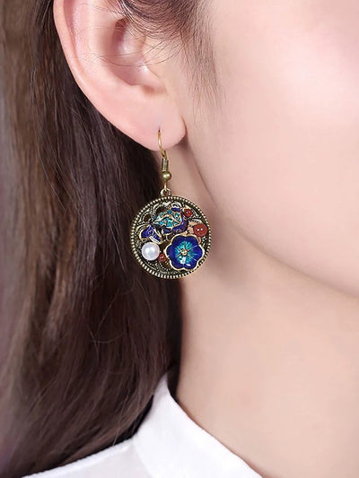 Ethnic S925Silver Pearl Cloisonne Agate Earrings