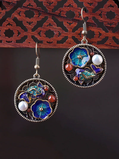 Ethnic S925Silver Pearl Cloisonne Agate Earrings