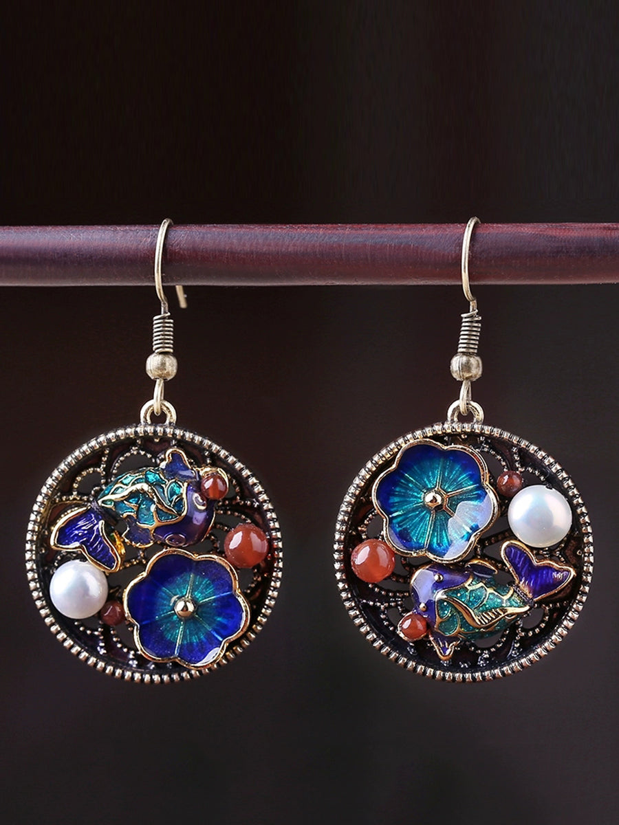 Ethnic S925Silver Pearl Cloisonne Agate Earrings