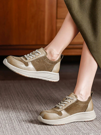 Women Autumn Colorblock Leather Flat Sport Shoes