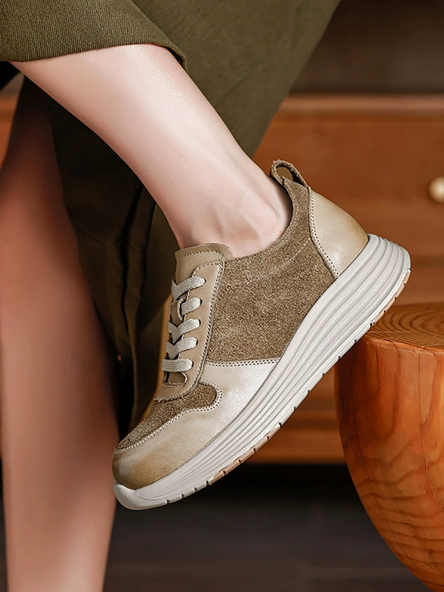 Women Autumn Colorblock Leather Flat Sport Shoes