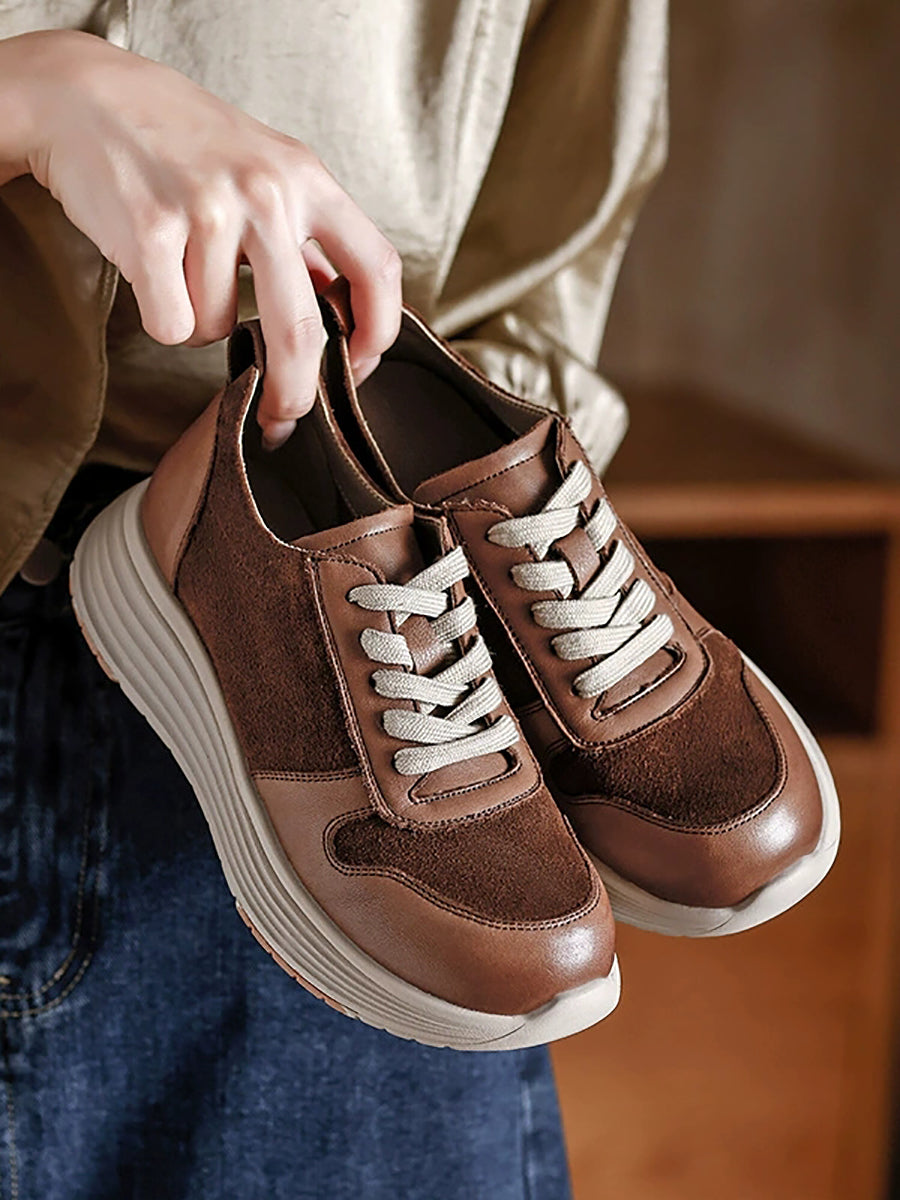 Women Autumn Colorblock Leather Flat Sport Shoes