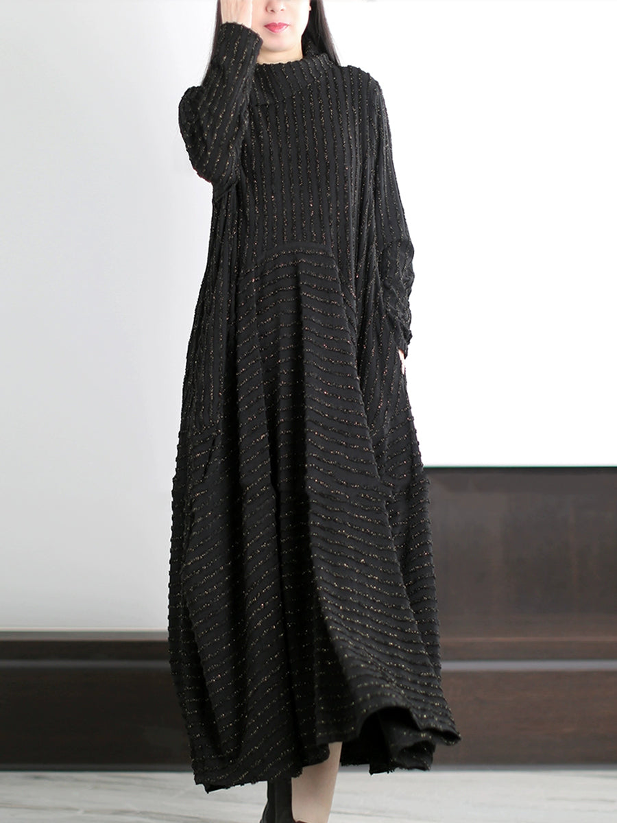 Plus Size Women Autumn Artsy Stripe O-Neck Maxi Dress