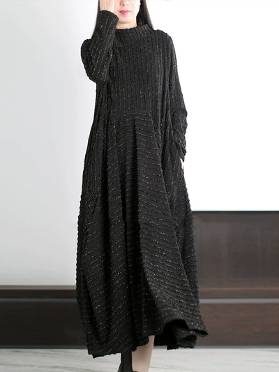 Plus Size Women Autumn Artsy Stripe O-Neck Maxi Dress