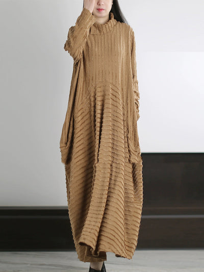 Plus Size Women Autumn Artsy Stripe O-Neck Maxi Dress