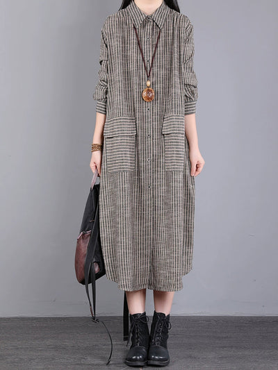 Plus Size Women Autumn Stripe Turn-down Collar Cotton Dress