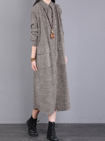 Plus Size Women Autumn Stripe Turn-down Collar Cotton Dress