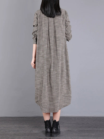 Plus Size Women Autumn Stripe Turn-down Collar Cotton Dress