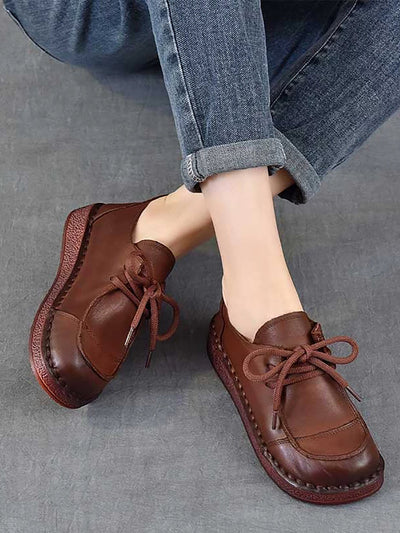 Women Autumn Vintage Soft Leather Mid Heel Shoes