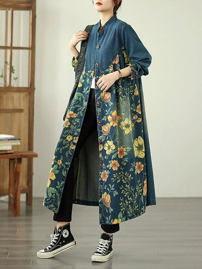 Women Autumn Denim Flower Stand Collar Coat