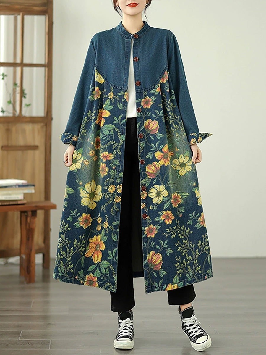Women Autumn Denim Flower Stand Collar Coat