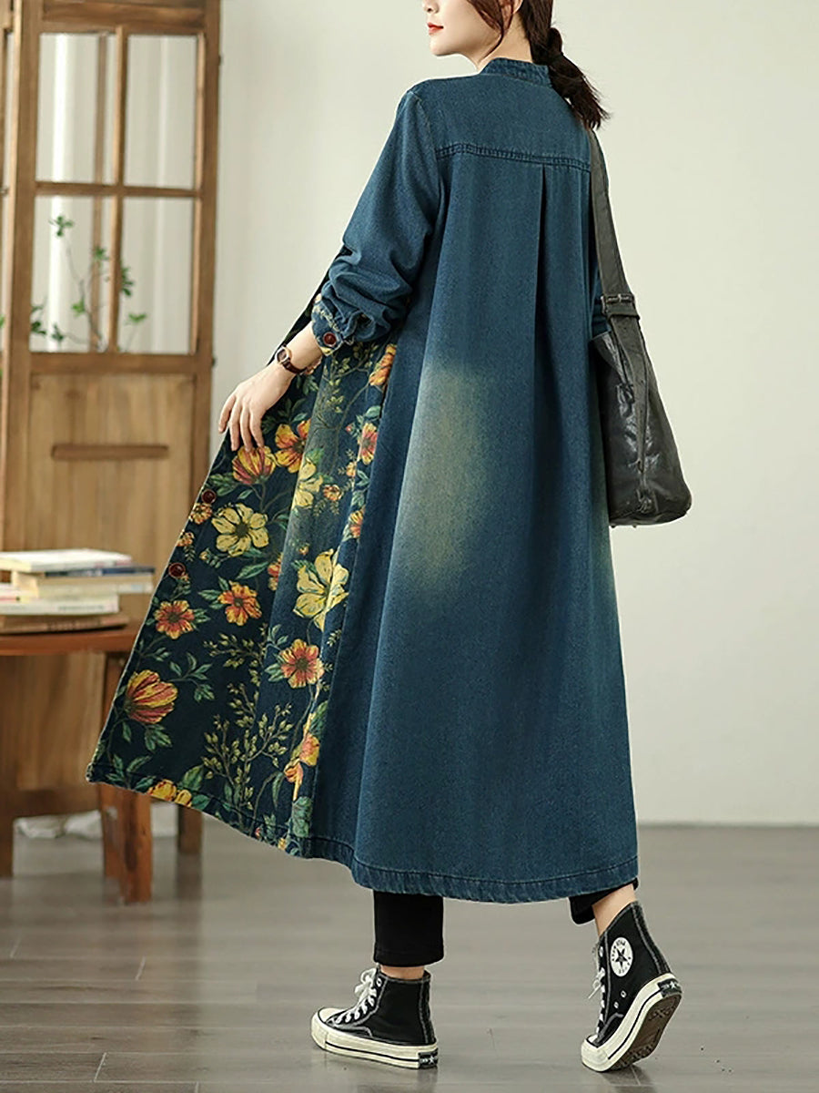 Women Autumn Denim Flower Stand Collar Coat