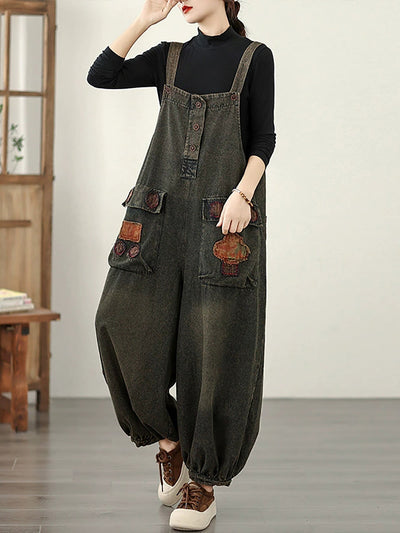 Women Autumn Retro Denim Spliced Jumpsuits